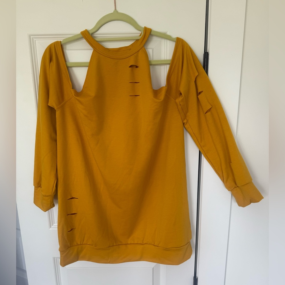 Mustard Yellow Distressed Long Sleeve Top with Cold Shoulder
